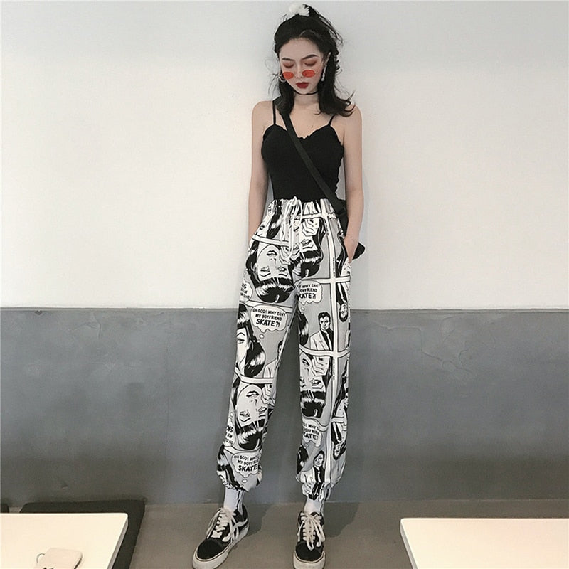 Women Loose Sports Casual Pants Beam Foot Harem Pants Comics Printed Joggers Pants Mens Hip Hop Casual Trousers