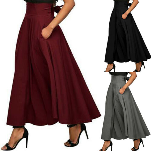 Vintage Womens Skirts High Waist Solid Color Pleated Solid Color Stretch Plain Skater Flared Pleated Long Skirt Autumn Women Hot