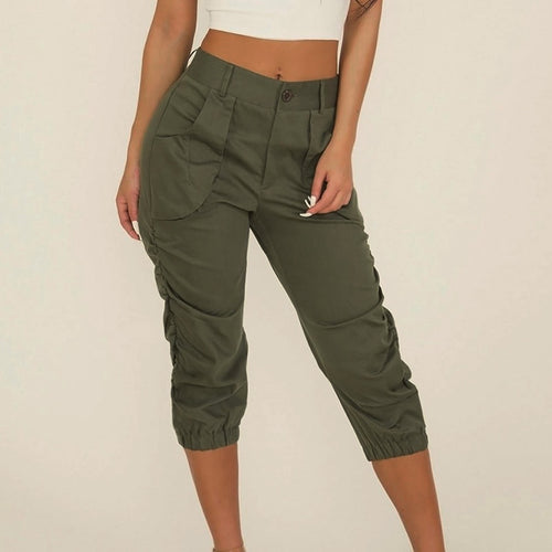   Women Pants Military style Fashion High Waist Solid Cropped Capri Casual Tapered Ladies pencil Trousers