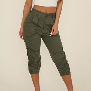 Women Pants Military style Fashion High Waist Solid Cropped Capri Casual Tapered Ladies pencil Trousers