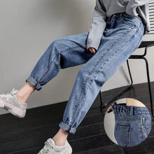 Load image into Gallery viewer, Cotton Straight Jeans Woman Elasticity High Waist Jeans woman plus size mom jeans blue New Loose harem pants hot sale