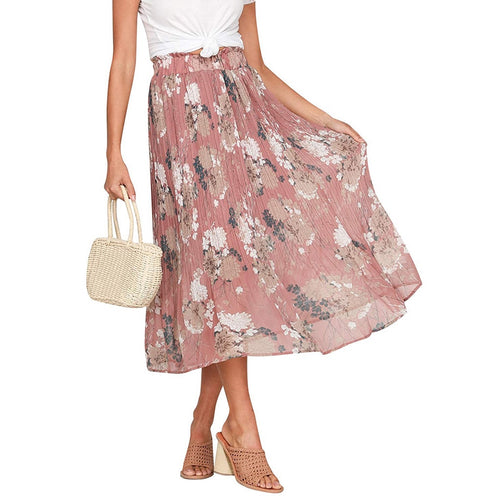 Ladies Pleated Skirt Womens Floral Flowers Print Split Skirt Spring Autumn Beach Mid-Calf Skirt Female Clothing