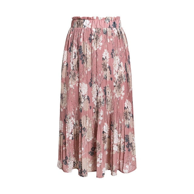 Ladies Pleated Skirt Womens Floral Flowers Print Split Skirt Spring Autumn Beach Mid-Calf Skirt Female Clothing