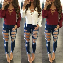 Load image into Gallery viewer, Skinny Boyfriend hole ripped jeans women pants Cool denim Fashion straight jeans for girl Mid waist casual pants female Stretch