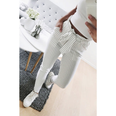 Casual Striped OL Pants Women Trouser High Waist Pant Pantalon Femme Bow Tie Pocket Pencil Pants Pantalones Mujer Cintura Alta