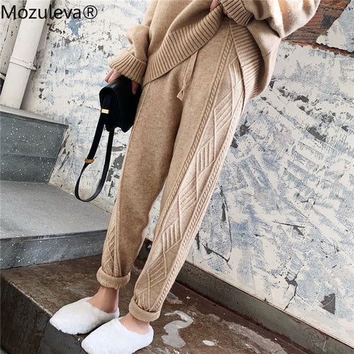 Mozuleva Winter Thicken Women Harem Pants Casual Drawstring Twisted Knitted Pants Femme Chic Warm Female Sweater Trousers 2019