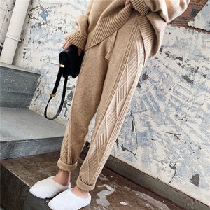 Mozuleva Winter Thicken Women Harem Pants Casual Drawstring Twisted Knitted Pants Femme Chic Warm Female Sweater Trousers 2019