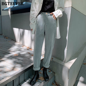 BGTEEVER Spring Autumn Women Corduroy Pants Fashion High Waist Female Straight Pants Streetwear Women Trousers Capris 2020