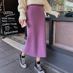 Autumn Winter Skirts Women 2019 Sexy Straight Knitted Long Black Skirt A Line Package Hip Split High Waist Ladies Midi Skirt