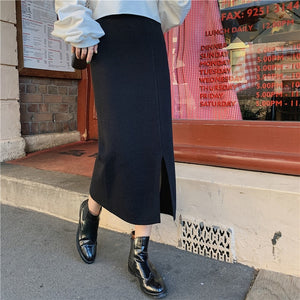 Autumn Winter Skirts Women 2019 Sexy Straight Knitted Long Black Skirt A Line Package Hip Split High Waist Ladies Midi Skirt