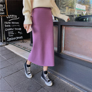 Autumn Winter Skirts Women 2019 Sexy Straight Knitted Long Black Skirt A Line Package Hip Split High Waist Ladies Midi Skirt