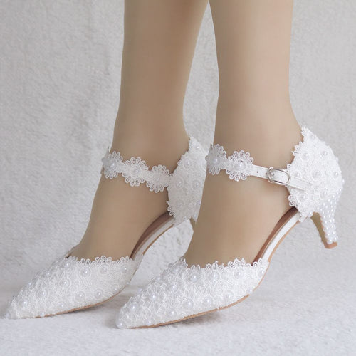 Women Shoes Women's Flowers Crystal Wedding Pointed Toe Thin Sandals Shoes High Heel Shoes White Lace Sweet Party Shoes