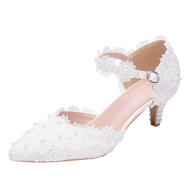 Women Shoes Women's Flowers Crystal Wedding Pointed Toe Thin Sandals Shoes High Heel Shoes White Lace Sweet Party Shoes