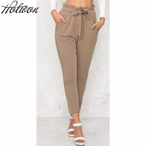 women OL chiffon high waist harem pants bow tie drawstring sweet elastic waist pockets casual trousers pantalones