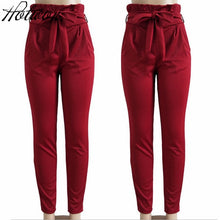 Load image into Gallery viewer, women OL chiffon high waist harem pants bow tie drawstring sweet elastic waist pockets casual trousers pantalones