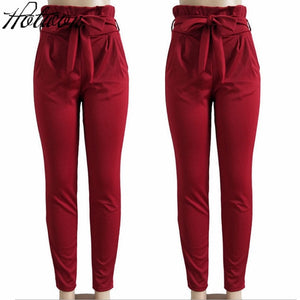 women OL chiffon high waist harem pants bow tie drawstring sweet elastic waist pockets casual trousers pantalones