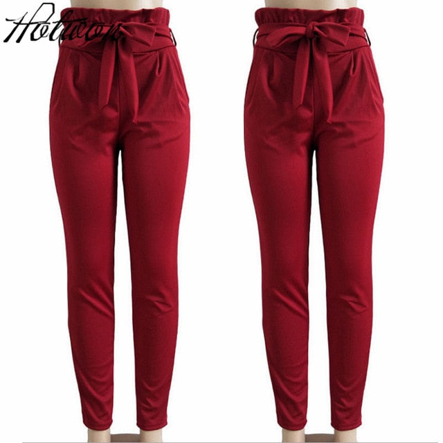 women OL chiffon high waist harem pants bow tie drawstring sweet elastic waist pockets casual trousers pantalones