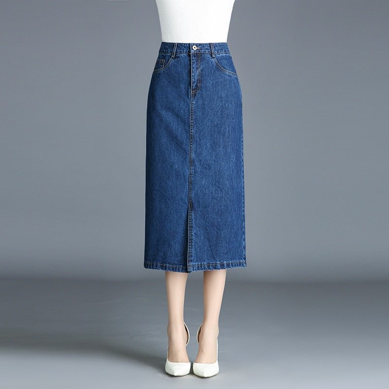 Cowboy Skirt Mid-length 2017 Autumn And Winter Denim Skirt High-waisted Simple Slit-Front A- line Skirt Large Size