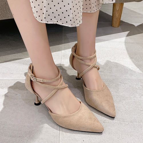 2020 Exquisite style high heel women spring autumn wild suede pointed solid color cross strap new W32-05