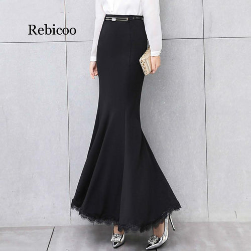 Elegant Long skirt women lace trumpet mermaid vintage skirts womens bodycon high waist skinny ruffles female Midi Skirts