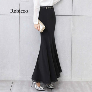 Elegant Long skirt women lace trumpet mermaid vintage skirts womens bodycon high waist skinny ruffles female Midi Skirts