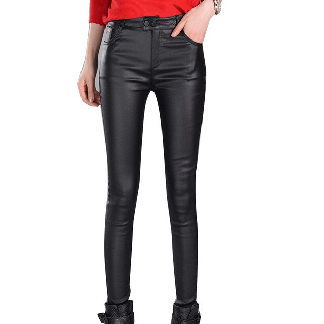 Fashion Women Stretchy High Waist Thin Hip Lifting Faux Leather Pencil Pants Jumpsuit Trousers