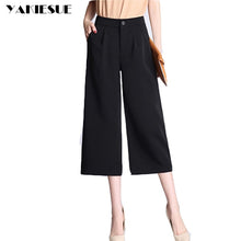 Load image into Gallery viewer, Wide leg pants capris women loose high waist elastic calf length straight capri pants casual OL office work wear female trousers