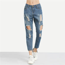 Load image into Gallery viewer, ROMWE Blue Ripped Distressed Boyfriend Ankle Denim Jeans Women Casual Summer Autumn Plain Straight Leg Pants Spring Trousers