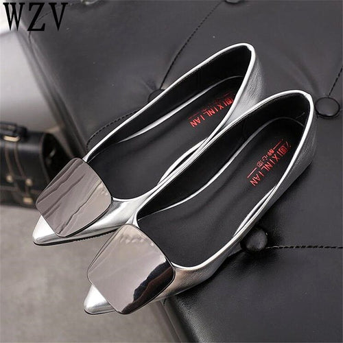 2019 Women Flats Metal Buckle Pointed Toe Flat Shoes Women Loafers Leather Ladies Shoes Casual Slip On Shoes woman E519