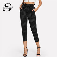 Load image into Gallery viewer, Sheinside Striped Ruffle Waist Belted High Waist Pants Capris  Women Workwear Crop Trousers 2019 Fall Female Tapered Black Pants