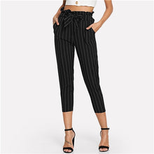 Load image into Gallery viewer, Sheinside Striped Ruffle Waist Belted High Waist Pants Capris  Women Workwear Crop Trousers 2019 Fall Female Tapered Black Pants