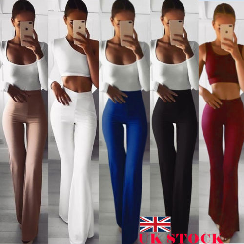 2019 New Casual Retro Women Plain Palazzo Solid High Waist Flare Wide Leg Chic Trousers Slim Long Loose OL Work Pants Plus Size