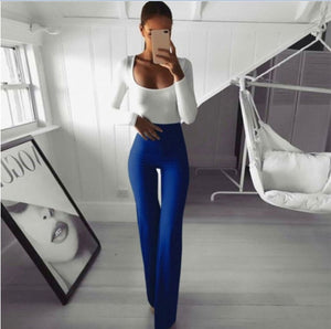 2019 New Casual Retro Women Plain Palazzo Solid High Waist Flare Wide Leg Chic Trousers Slim Long Loose OL Work Pants Plus Size