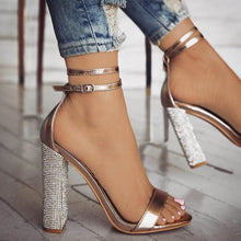 Load image into Gallery viewer, Women Open Toe Strappy Ankle Strap Gold Sandals Crystal Transparent Clear Block Thick High Heel Sequined Shoes Woman Plus Size