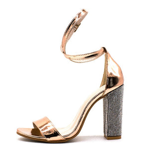 Women Open Toe Strappy Ankle Strap Gold Sandals Crystal Transparent Clear Block Thick High Heel Sequined Shoes Woman Plus Size