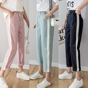 Cotton Linen Ankle Length Pants Women's Spring Summer Casual Trousers Pencil Casual Pants Striped Women's Trousers Green Pink