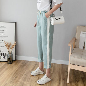 Cotton Linen Ankle Length Pants Women's Spring Summer Casual Trousers Pencil Casual Pants Striped Women's Trousers Green Pink