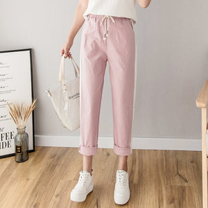 Cotton Linen Ankle Length Pants Women's Spring Summer Casual Trousers Pencil Casual Pants Striped Women's Trousers Green Pink