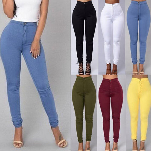 Europe and America Spring Boutique Women's Solid Color High Waist Tight Stretch Pencil Pants Candy Color Slim Wild Casual Jeans