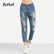 Load image into Gallery viewer, ROMWE Blue Ripped Distressed Boyfriend Ankle Denim Jeans Women Casual Summer Autumn Plain Straight Leg Pants Spring Trousers