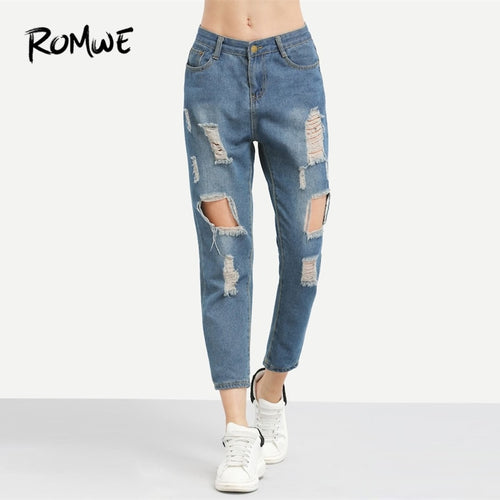 ROMWE Blue Ripped Distressed Boyfriend Ankle Denim Jeans Women Casual Summer Autumn Plain Straight Leg Pants Spring Trousers